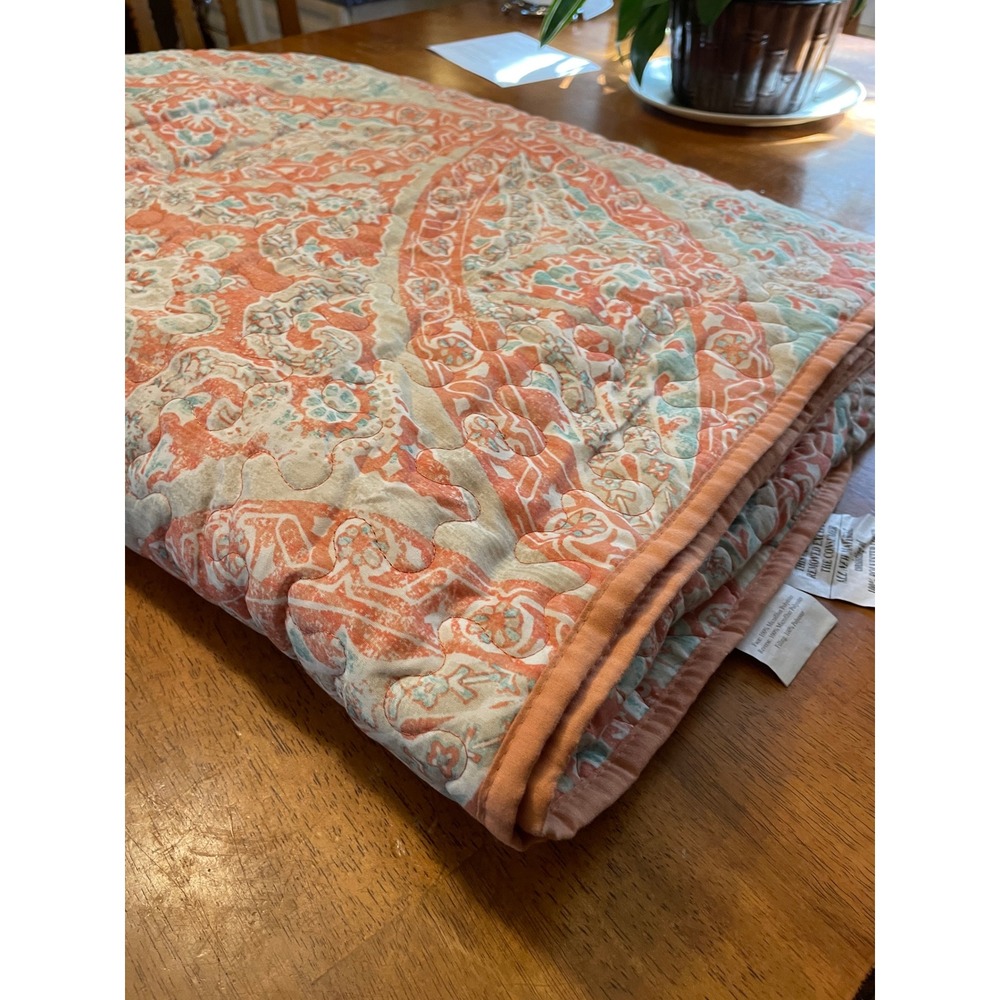 E&E Co Quilted Bedspread Twin Coral Orange Paisley Medallion Bohemian